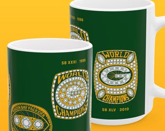 Green Bay Packers 15 oz XL Coffee Tea Mug, NFL Football Lambeau Field Super Bowl Dynasty Graphic Illustration, Art Gift Memorabilia Sports