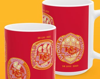 カンザスシティ・チーフス スーパーボウルリング 15オンス コーヒーマグ - NFL チャンピオンシップ フットボール ダイナスティ - パトリック・マホームズ トラビス・ケルシー アンディ・リード ティーカップ