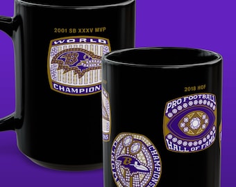 Ray Lewis Baltimore Ravens Championship Mug, 15oz NFL Coffee Cup, Super Bowl Rings & Hall of Fame, Ed Reed Lamar Jackson Flacco 52 football