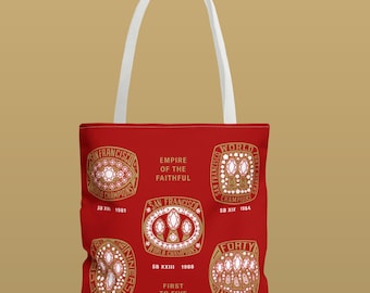 San Francisco 49ers XL Tote Bag, Super Bowl rings reusable shopping grocery pool carryall duffle, football sports Niners SF Bay Area dynasty