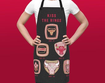 Chicago Bulls Apron, NBA Basketball Grill BBQ Chef Gift "Kiss The Rings" Jordan Pippen Rose, Kitchen Tailgate United Center Chitown 23 GOAT