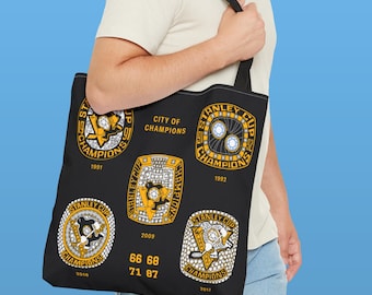 Pittsburgh Penguins XL Black Tote Bag, Stanley Cup Rings, reusable shopping grocery pool carryall duffle, hockey sports pens Jagr Crosby