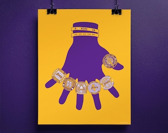 Kobe Bryant Rings 16x20 Poster, Los Angeles Lakers Championship Dynasty Memorabilia Print, Black Mamba 5 Rings Wall Art, LA Sports Shaq Gift
