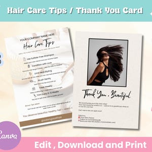 Plantilla de tarjeta con consejos para el cuidado del cabello, tarjeta de agradecimiento para el salón, tarjeta imprimible, tarjeta de presentación, plantilla de tarjeta de cuidados posteriores, plantilla editable para el cuidado del cabello