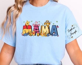 Custom Mama with Kid Name on Sleeve Shirt, Mama Bear Shirt,  Cute Pooh Mama Tee, Pooh and Friends Mother’s Day Gift, Personalized Mom Shirt