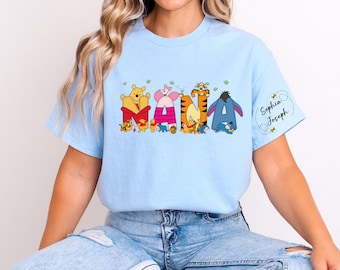 Custom Nana with Kid Name on Sleeve Shirt, Nana Bear Shirt,  Cute Pooh Nana Tee, Pooh and Friends Mother’s Day Gift, Nana Bear Kids Name Tee