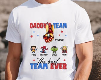 Personalized Daddy's Team T-Shirt with Kids' Names, Funny Fathers Day Gifts, The Best Team Ever Tee for Dad, Personalized Super Hero Dad Tee