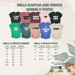 May include: A product display featuring Bella Canvas and Circle unisex and youth t-shirts in various colors, including dark grey, heather mauve, and forest green. Size charts and fabric details are also shown.