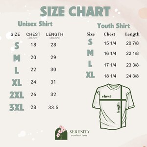 May include: A size chart for unisex and youth shirts, with measurements in inches. The chart includes chest and length dimensions for sizes S to 3XL. The text "SERENITY comfort tees" is at the bottom.