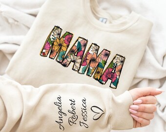 Floral Pattern Mom Sweatshirt with Name Written on the Sleeve, Personalized Mom Hoodie With Kid Names, Mothers Day Gift, Daisy Mother Hoodie