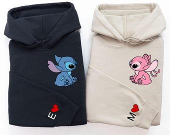 Special Angel and Stitch Character Couple Sweatshirt with Letters on the Sleeve | Anniversary Matching Hoodie