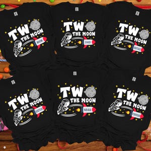 Custom Name Two The Moon Birthday Shirt, Space Themed 2nd Birthday Family Outfit, Personalized Astronaut Toddler Shirt, Rocket Ship Birthday
