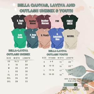 K&ouml;nnte beinhalten: Eine Auswahl an Bella Canvas, Laviva und Outlash Unisex- und Jugend-T-Shirts in verschiedenen Farben, darunter Dunkelgrau, Heather Mauve und Pink. Gr&ouml;&szlig;entabellen f&uuml;r Unisex- und Jugendgr&ouml;&szlig;en sind ebenfalls abgebildet, mit dem Text "Runs Small, Fits Perfect, Runs Large".