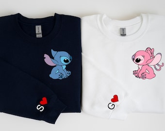 Stitch and Angel Custom Sleeve Sweatshirt, Anniversary Matching Hoodie, Personalized Couple Sweatshirt, Valentines Day Gift Hoodie