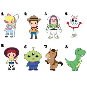 May include: A collection of eight cartoon character illustrations. The characters include a shepherdess, a cowboy, a space ranger, a spork, a cowgirl, an alien, a horse, and a dinosaur. Each character is depicted in a cute, chibi style.
