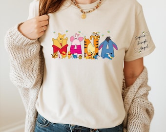 Personalized Nana with Kid Name on Sleeve Shirt, Funny Pooh Nana Tee, Pooh and Friends Mother’s Day Gift, Custom Nana Bear Kids Name Tee