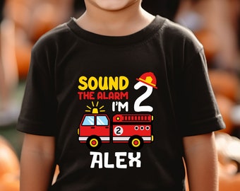 Personalized Sound the Alarm I&#39;m Age Fire Truck Theme Birthday Shirt, Family Kids Matching Tees, Birthday Shirt, Fire Truck Birthday Shirt