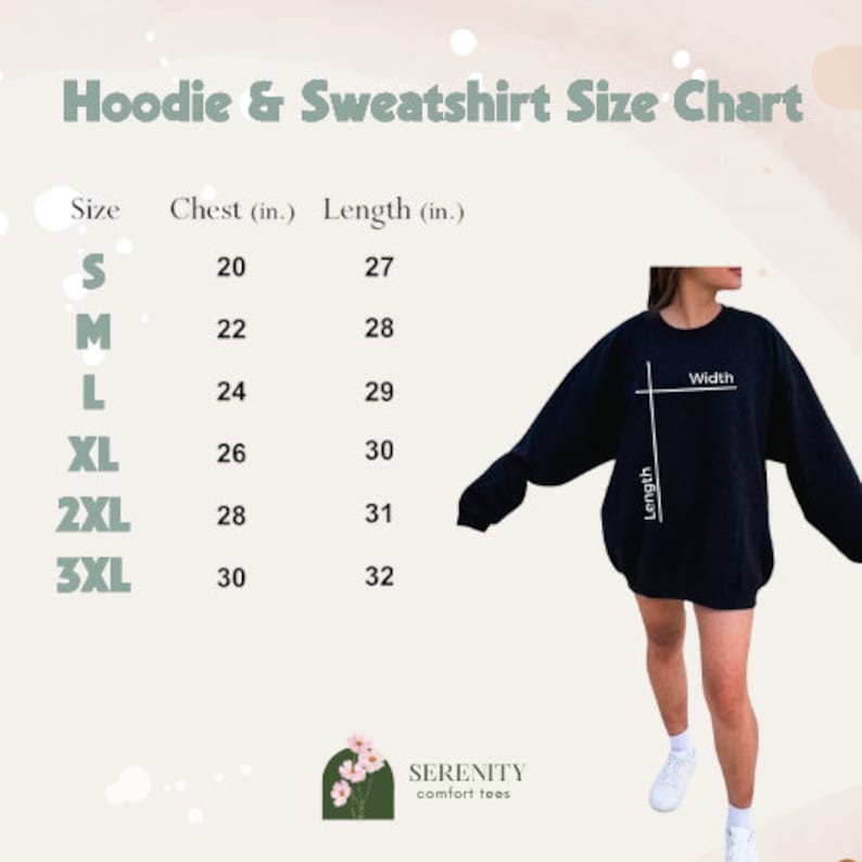 Może przedstawiać: Tabela rozmiar&oacute;w dla bluz z kapturem i bluz z nadrukiem z wymiarami w calach. Tabela pokazuje rozmiary od S do 3XL z odpowiadającymi im wymiarami klatki piersiowej i długości. Na modelu pokazano czarną bluzę z nadrukiem z napisami "Szerokość" i "Długość" na odzieży.