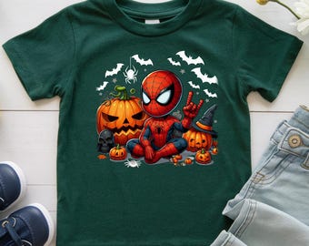 Toddler Boys Halloween Spiderman T-Shirt | Cute Superhero Pumpkin Top | Trick or Treat Spooky Tee