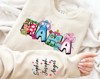Custom Mama Est with Kid Name on Sleeve Sweatshirt, Mother&#39;s Day Sweatshirt Gift For Mom, Lilo and Stitch Mama Shirt, New Mother Shirt