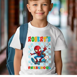 Custom Name Preschool 1st Day Spiderman Shirt, Kindergarten Kids Tee, Welcome Back to School, School Toddler Shirt, First Day Of School Tee