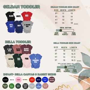 Puede incluir: Un gr&aacute;fico que muestra la tabla de tallas para las camisetas Gildan y Bella Toddler. El gr&aacute;fico muestra el tama&ntilde;o, el ancho y la longitud de las camisetas en pulgadas. El gr&aacute;fico tambi&eacute;n incluye informaci&oacute;n sobre la composici&oacute;n de la tela y el ajuste de las camisetas.