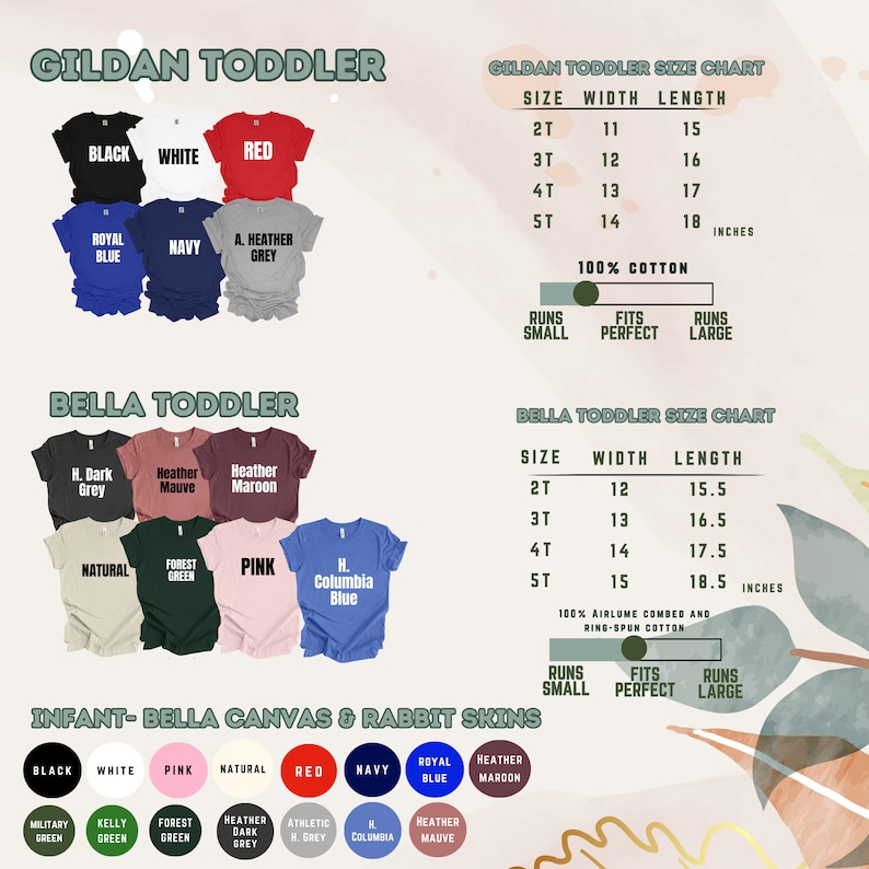 May include: A product image showcasing toddler t-shirts in various colors, including black, white, red, and blue. Size charts for Gildan and Bella toddler shirts are also displayed, with measurements in inches. The image also shows infant t-shirts.
