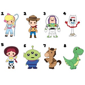 May include: Eight cartoon character illustrations are shown. The characters include a cowgirl, a cowboy, a space ranger, a spork, another cowgirl, an alien, a horse, and a dinosaur. Each character is outlined in black.
