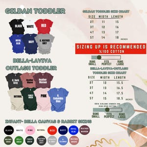 Puede incluir: Imagen de camisetas para ni&ntilde;os peque&ntilde;os en varios colores, como negro, blanco y rojo. Se muestran tablas de tallas en pulgadas. Tambi&eacute;n se incluye informaci&oacute;n sobre la tela y recomendaciones de tallas.