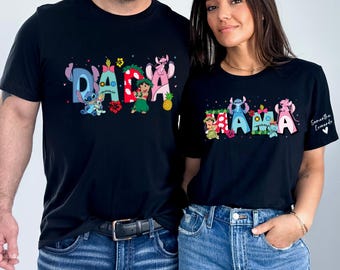 Personalized Lilo and Stitch Character Shirt with Name on Sleeve, Mother's Day Gift Tee, Dad Shirt, Walt Disney Vacation Tee, New Father Tee
