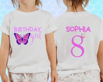 Birthday Girl Shirt with Butterfly, Personalized Name and Age Shirt for Girls, Custom Birthday Shirt for Kids, Butterfly Birthday Party Tee