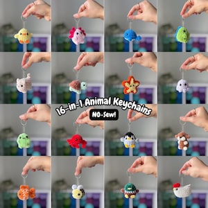 May include: A collection of sixteen small, crocheted animal keychains featuring various creatures including a chick, axolotl, whale, dinosaur, cat, turtle, starfish, octopus, frog, crab, penguin, dog, fish, bee, duck, and chicken with the text 16-in-1 Animal Keychains NO-Sew!