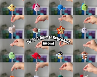 Crochet Animal Keychains Bundle 16-in-1 NO SEW Amigurumi Animal Keychains (PDF Download)