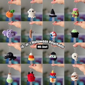 May include: A collection of 16 crochet Halloween keychains featuring various figures including a pumpkin, ghost, witch hat, monster, bat, eyeball, cauldron, spider, candy corn, skull, potion bottle, devil, clown, and mummy with the text 16-in-1 Halloween Keychains NO-Sew!