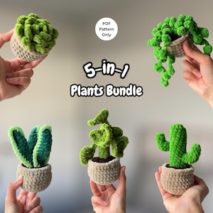 May include: A collection of five crocheted plant designs, including succulents and cacti, each in a small, tan pot. The image features the text "5-in-1 Plants Bundle" and "PDF Pattern Only". The plants are held by hands.