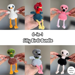 May include: Six colourful, handmade crochet bird figures are shown, including a white duck, a rooster, a pink flamingo, a green duck, a grey pigeon, and a black and white bird. The text "6-in-1 Silly Birds Bundle" is displayed.