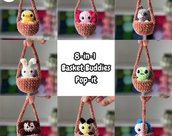 Set di 8 peluche amigurumi oscillanti da realizzare con il cestino all'uncinetto, senza cuciture.