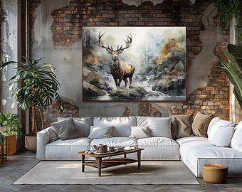 Rocky Mountain Bull Elk przy wodospadzie | Oprawione płótno Galeria sztuki ściennej