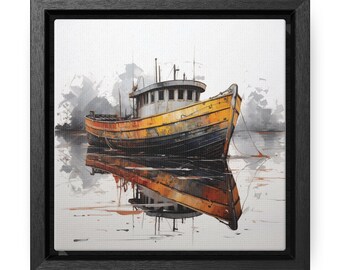 Rustykalne odbicia łodzi rybackiej - Żywe, marynistyczne płótna, kwadratowa rama
