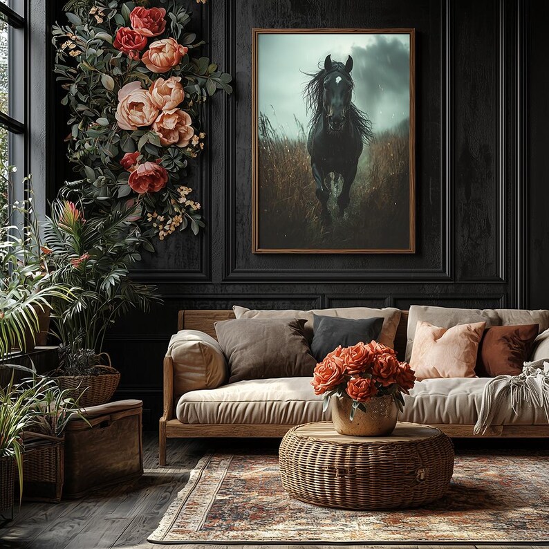 A powerful black horse gallops through a rain-soaked field, its mane flowing wildly, with a stormy sky and dark clouds in the background, captured in dramatic detail on a framed gallery canvas.