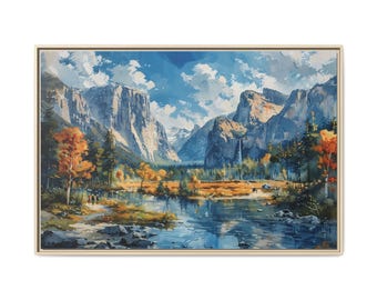 Mountain Valley Lake Landscape Framed Canvas