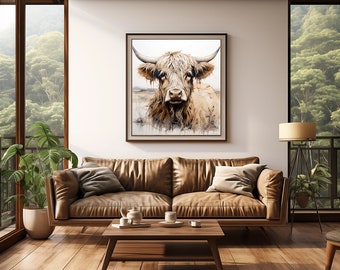Galeria wydruków na płótnie akwarelowych Highland Cow Canvas Wraps, kwadratowa rama