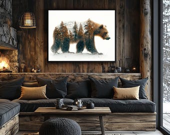 Niedźwiedź grizzly na płótnie: Rustykalny górski las, wydruk z podwójną ekspozycją