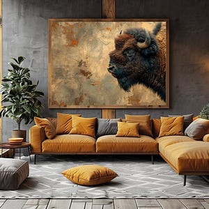 Great American Bison Profile | Rustic Western Wildlife Framed Canvas Gallery Wall Art Print