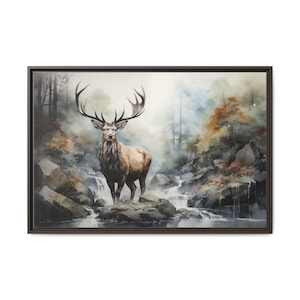 Majestic Rocky Mountain Elk Framed Canvas | Rustic Wildlife Wall Art | Waterfall Forest Nature Print for Cabin, Lodge, or Western Decor