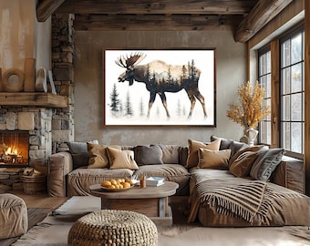 Moose Double Exposure Framed Canvas Print: Rustykalna dekoracja ścienna do domku