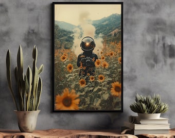 Plakat z polem słoneczników kosmity astronauta: surrealistyczny wydruk artystyczny science fiction