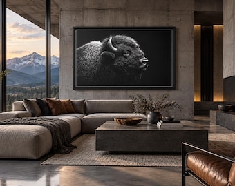 Framed Bison Canvas: Rustic Farmhouse Black & White Wall Art