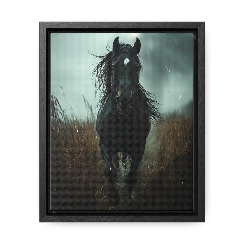 A powerful black horse gallops through a rain-soaked field, its mane flowing wildly, with a stormy sky and dark clouds in the background, captured in dramatic detail on a framed gallery canvas.