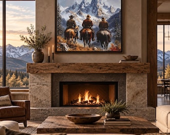 Cowboy Mountain Landscape Framed Canvas Art, Rustic Western Wall Decor
